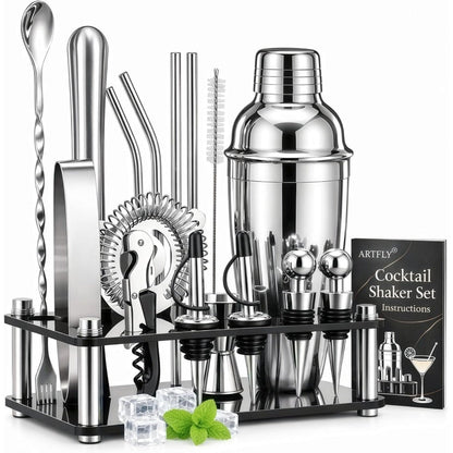 Bartender Kit 18-Piece with Acrylic Stand, 18/8 Stainless Steel Bar Set, Martini Shaker, Jigger, Muddler & Recipe Book – Complete Home Bar Tool Set