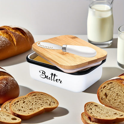 Butter Dish with Bamboo Lid & Knife, Iron Airtight Butter Keeper & Cheese Storage Box — Large Capacity Kitchen Counter Butter Container | Holiday Gift | Black, Gray, Green