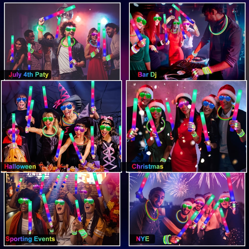 LED Glow Sticks Party Set – Foam Glow Sticks with 3 Light Modes, Glow Glasses, Headbands & Finger Lights for Rave, Wedding, Birthday, Concert, Halloween, Christmas & New Year Party Supplies, 11/36/52pcs