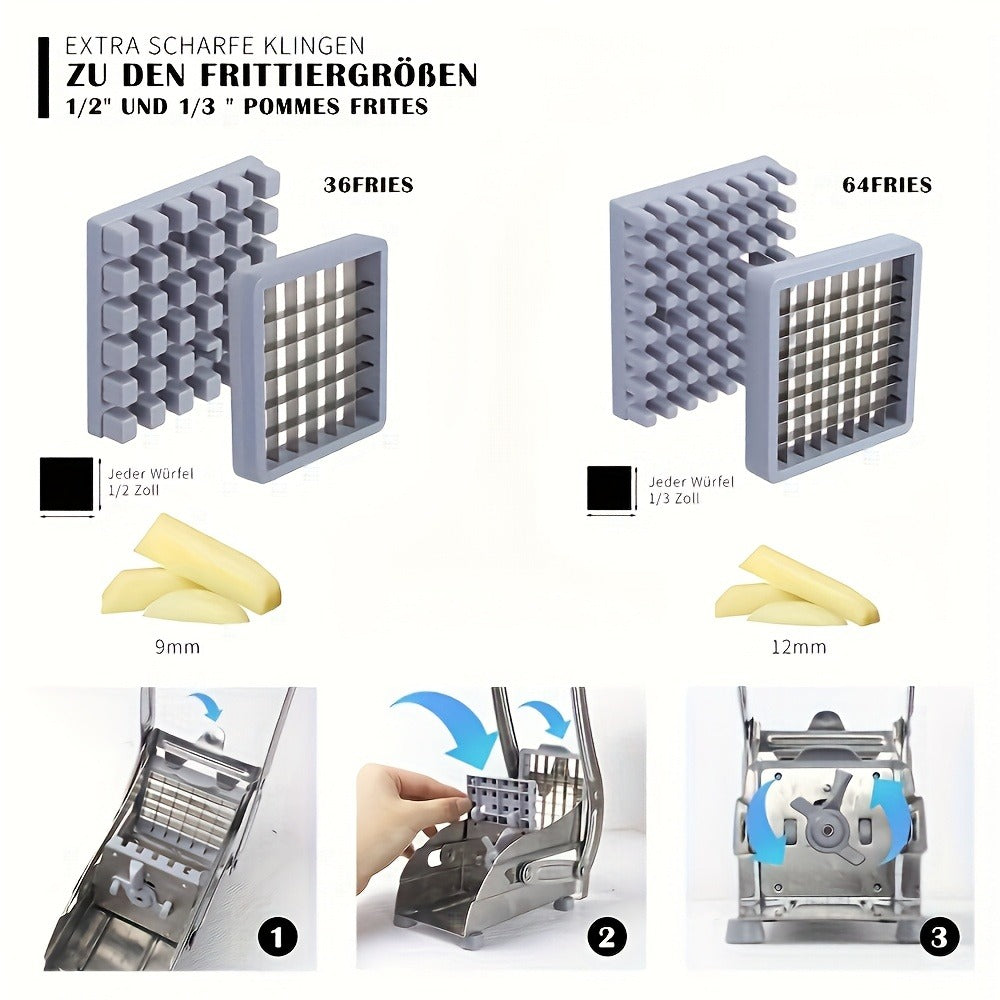 French Fry Cutter – Stainless Steel Vegetable & Potato Slicer, Multi-Function Food Chopper for Potato, Carrot, Cucumber & Onion, with Storage Box