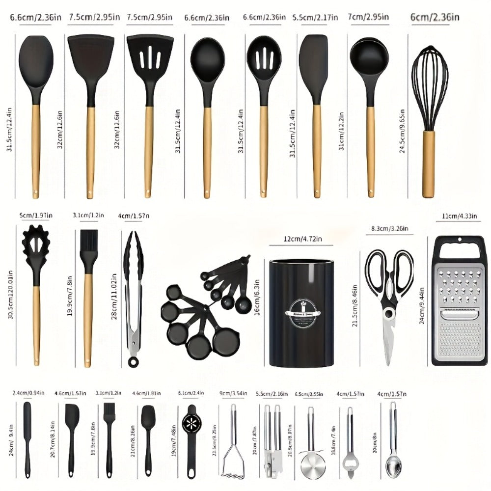 Silicone Cooking Utensils Set 35-Piece with Holder Rack Wooden Handle Heat Resistant Kitchen Tools for Non-Stick Pans – Complete Kitchen Utensil Set in Multiple Colors
