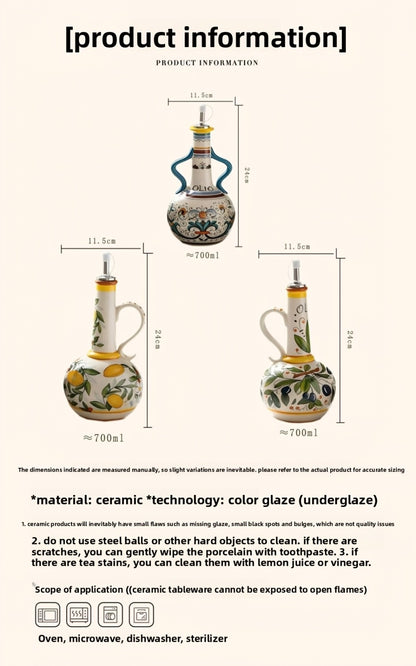 Ceramic Oil and Vinegar Dispenser Set Hand-Painted Underglaze Anti-Drip Leak-Proof Kitchen Oil Bottle with Oil Spout and Foot Pad Olive Green Lemon Yellow
