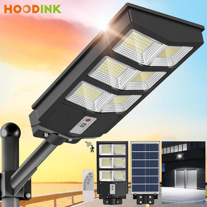 Solar Street Lights Outdoor 800 LED IP54 Waterproof with Motion Sensor – 6500K Dusk to Dawn Flood Light, Remote Control, Adjustable Brightness & Timer for Parking Lot Yard Garage Driveway Rural Area