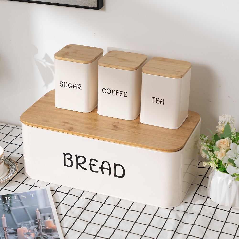 Bread Box with 3 Jars Set for Kitchen Countertop – Metal Bread Box with Bamboo Board Cover, Coffee Sugar Tea Canisters, Large Capacity Farmhouse Food Storage Organizer