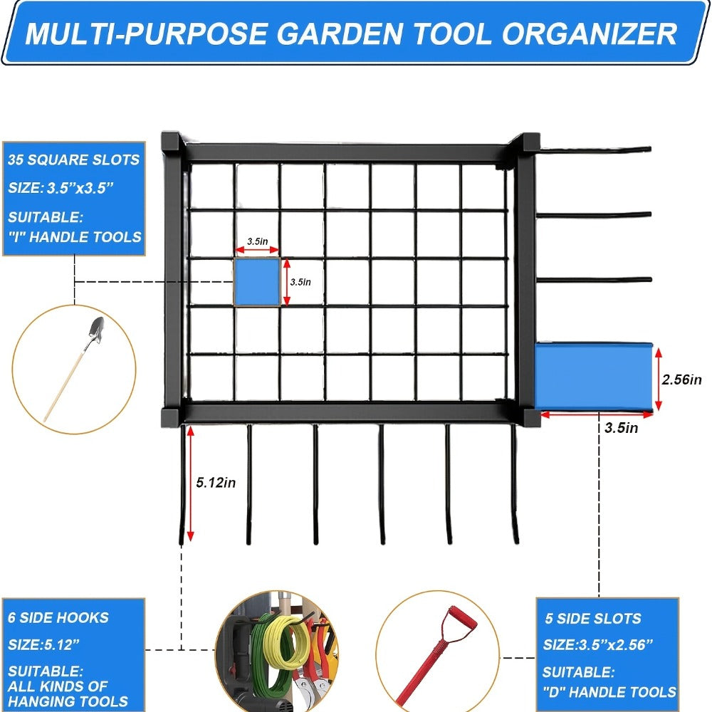 Tool Storage Rack with Storage Bag – Metal Yard Tool Organizer for Garage Holds 35 Long-Handled Tools, Broom, Shovel, Rake Stand Holder, Heavy Duty Freestanding Garden Tool Rack for Outdoor & Yard, Black