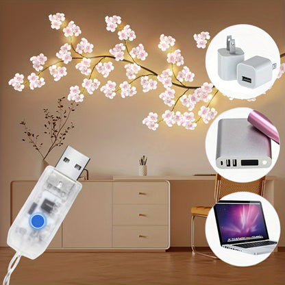 LED Cherry Blossom Chandelier Rattan String Lights USB 8 Modes Indoor Outdoor Holiday Decoration
