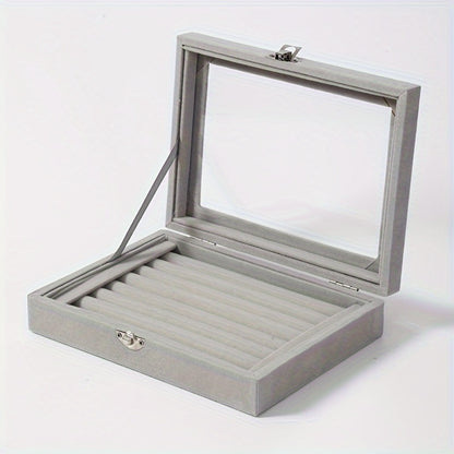 Jewelry Box with Locking Lid – 49-Ring Capacity Glass-Like Plastic Ring & Earring Organizer, Large Rectangular Storage Case, Waterproof Anti-Tarnish, 4 Colors, Holiday Gift