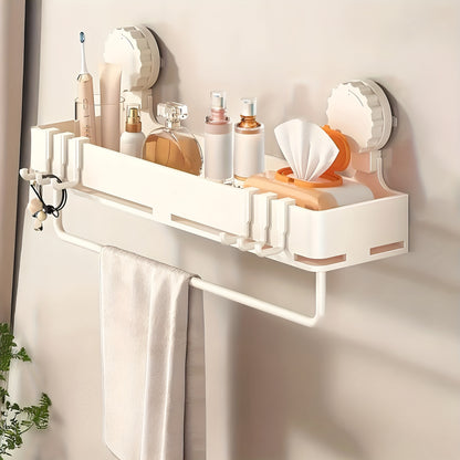 Suction Cup Shower Caddy with Towel Holder Bar, Wall-Mounted Bathroom Shelf Organizer for Shampoo Soap, Heavy-Duty Floating Shower Shelves, Strong Adhesive No Drilling