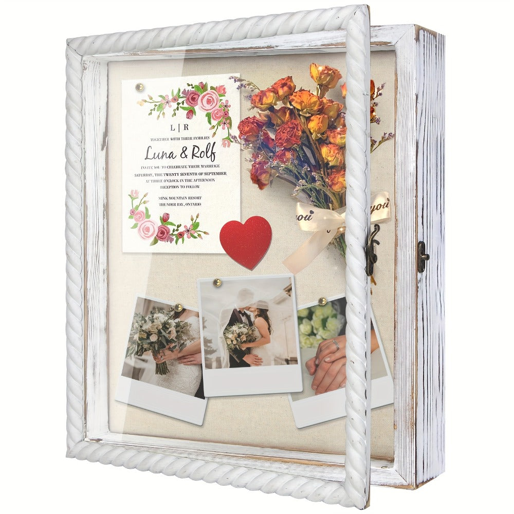 Shadow Box Frame with Linen Back – Large Rustic Memory Display Case 11x14 & 12x16 Inch for Photos, Medals, Coins, Pins, Flowers & Collectibles, 4 Removable Shelves, Black White Brown