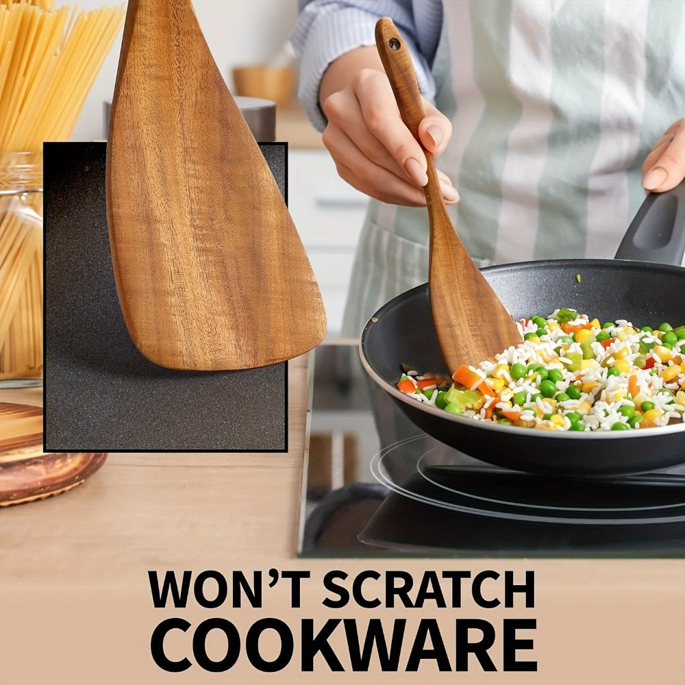 Wooden Kitchen Utensils Set – Natural Wood Spoon Spatula & Wok Spatula with Ergonomic Handle, Heat-Resistant Non-Stick Safe Cooking Tools, Easy to Clean Durable Kitchen Essentials (5 / 6 / 10 Piece Sets)