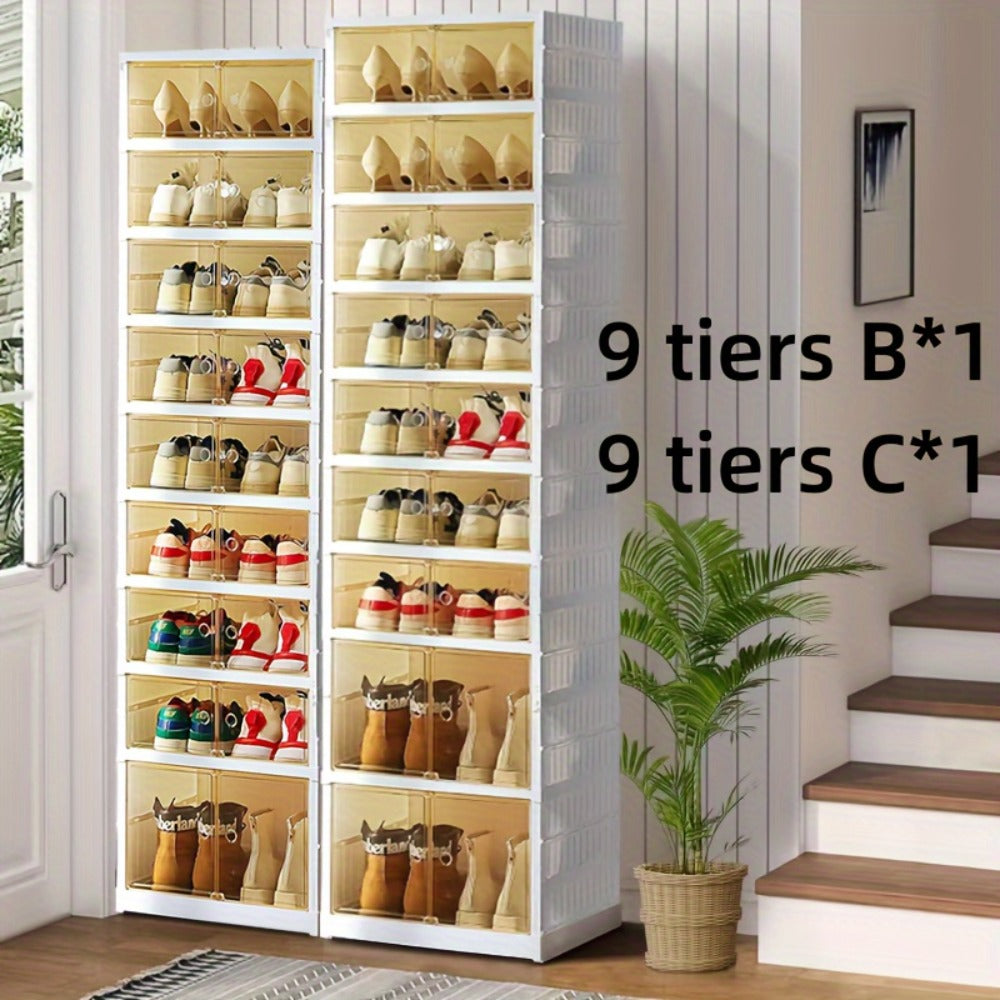 Shoe Rack Organizer 9-Tier, Collapsible Clear Plastic Foldable Stackable Shoe Cabinet with Shelves & Doors — No Assembly, Space-Saving Narrow Storage for Hallway, Apartment & Small Spaces