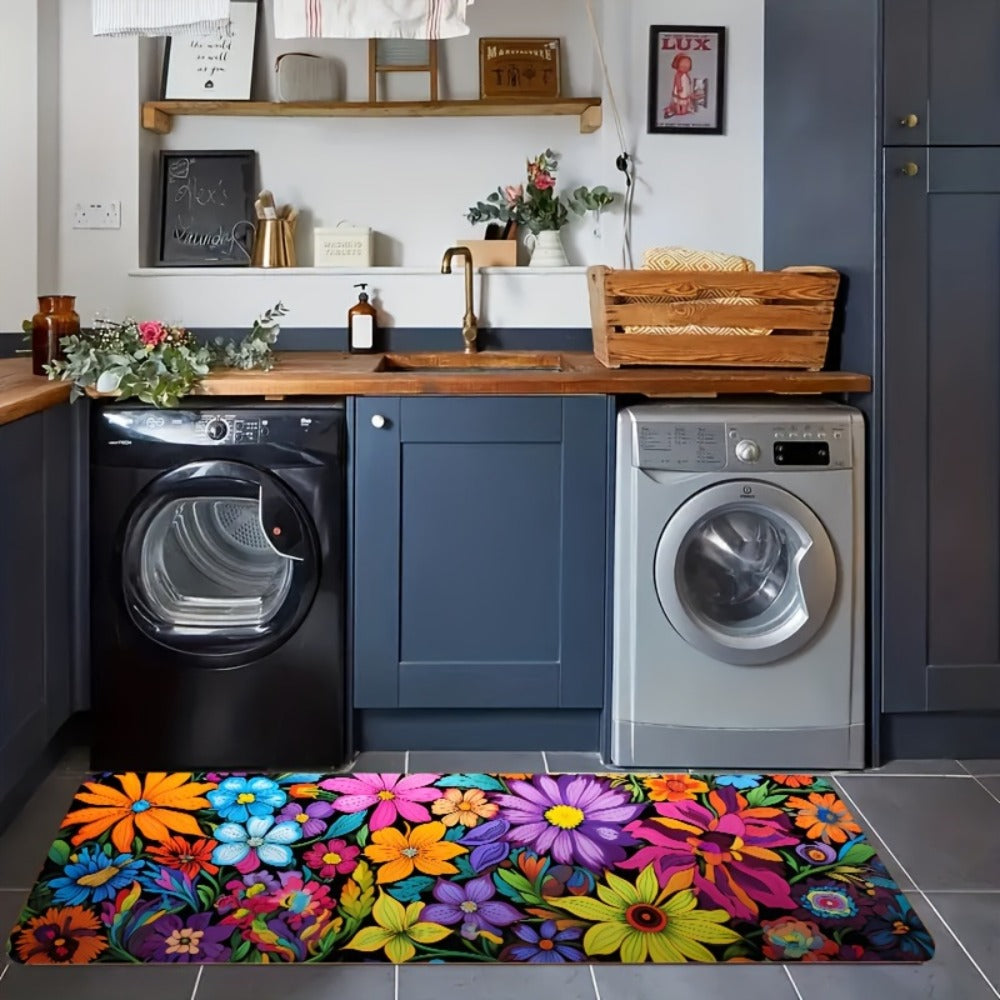 Kitchen Mat Floral Design – Soft Non-Slip Rectangular Rug, Machine Washable 100% Polyester Floor Mat for Kitchen, Bathroom, Laundry Room, Living Room & Bedroom