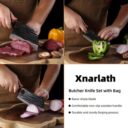 Viking Hand-Forged Butcher Knife Set – High Carbon Steel Meat Cleaver, Boning & Carving Knife, Vegetable Knife for BBQ & Camping, with Carrying Case