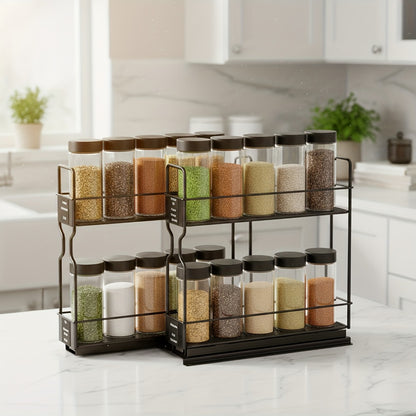 Spice Rack Organizer for Cabinet 2-Tier Heavy Duty Slide-Out Drawers with 415 Labels Steel Pull-Out Spice Drawer for Kitchen Cabinet Space-Saving Seasoning Storage