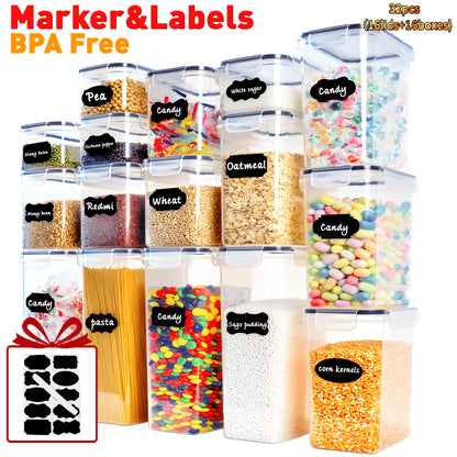 Airtight Food Storage Containers with Lids, BPA Free Leakproof Stackable Kitchen Organizer Set for Grain Nuts Cereal Pasta Dog Cat Food, with Labels & Marker