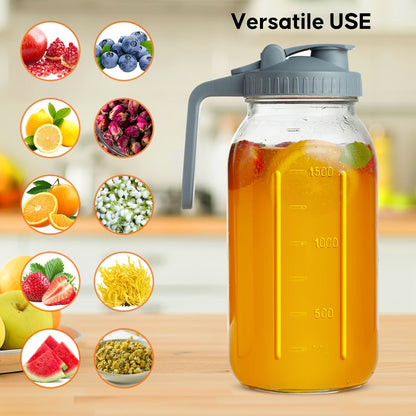 Mason Jar Pitcher 64oz Wide Mouth Glass Pitcher with Pour Spout & Handle – 2 Pack Leak Proof Iced Tea Pitcher for Fridge, Coffee Creamer, Sun Tea & Juice