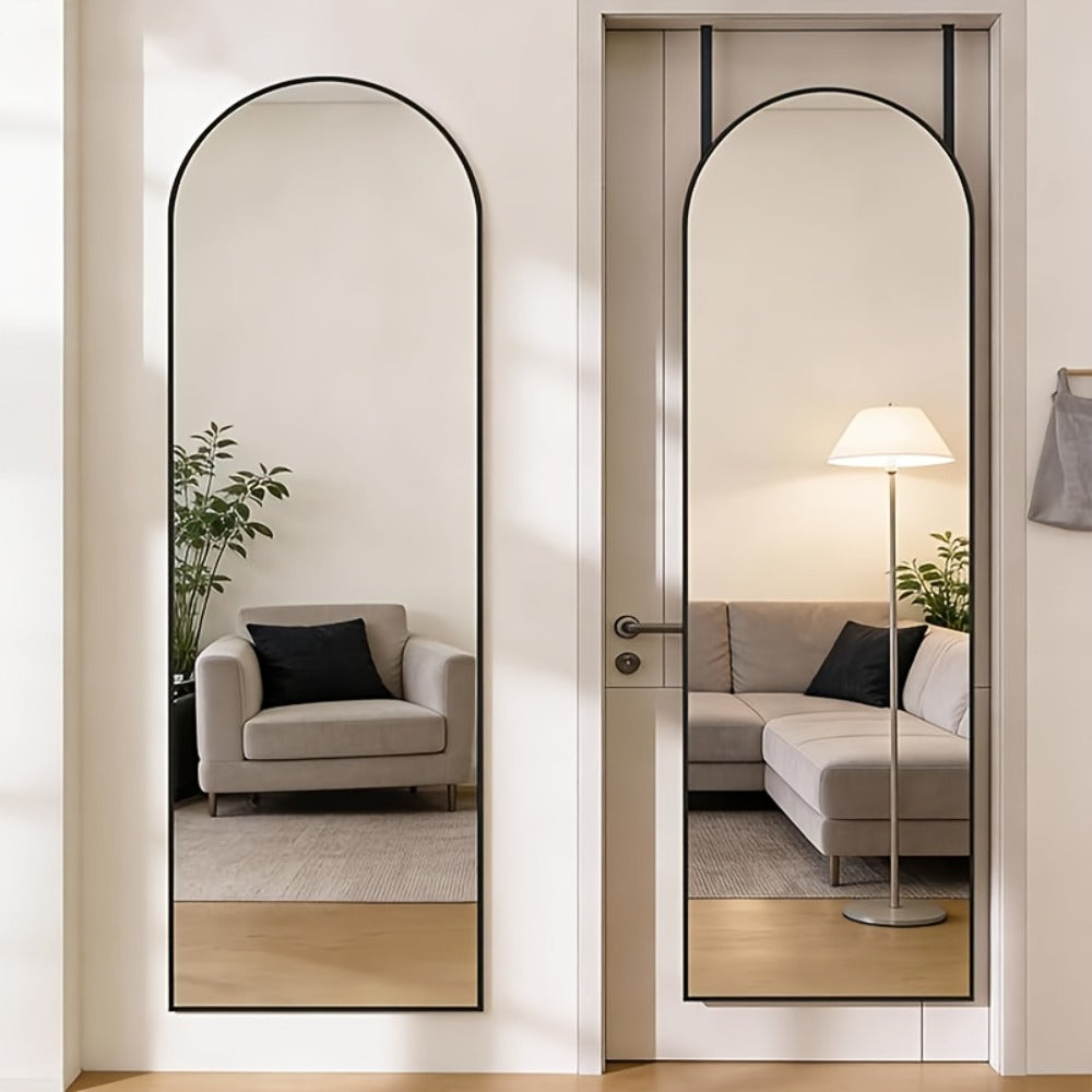 Full Length Mirror 47x14 – Over the Door or Wall Mounted Hanging Mirror, Aluminum Alloy Frame, Full Body Dressing Mirror for Bedroom, Living Room & Entryway, Arched & Rectangular, Black & Gold