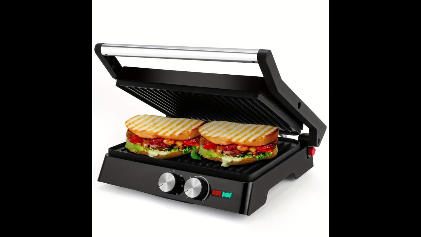 Panini Press Grill 3-in-1 Electric Indoor Grill with Non-Stick Plates - 180° Flat Grill Sandwich Maker with Floating Hinge Grease Tray Temperature Control, Compact Countertop Grill for Home Dorm Office