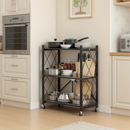 Foldable Storage Rack with Lockable Wheels 3 4 5 Tier Carbon Steel No Assembly Space Saving Floor Standing Shelf for Bedroom Balcony Garden