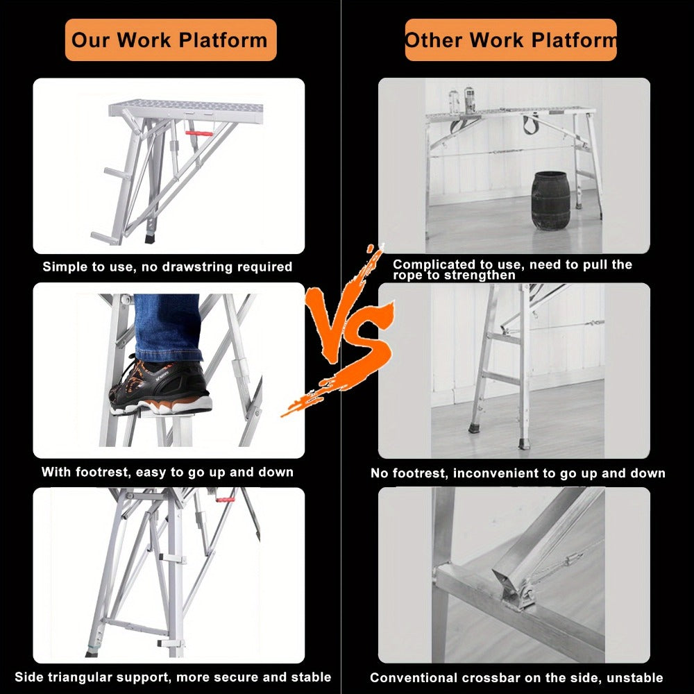 Adjustable Folding Scaffolding Work Platform 800 lbs, Portable Drywall Bench Step Ladder with Anti-Slip Feet & Safety Lock, Height 31.5"-49.2", for Painting, Cleaning, Car Washing & Decorating