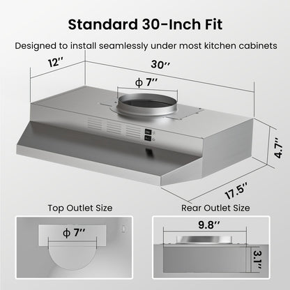 Range Hood 30 Inch Under Cabinet 350 CFM Ducted Ductless Convertible Kitchen Vent Hood with LED Light 2-Speed Exhaust Fan Stainless Steel Black White