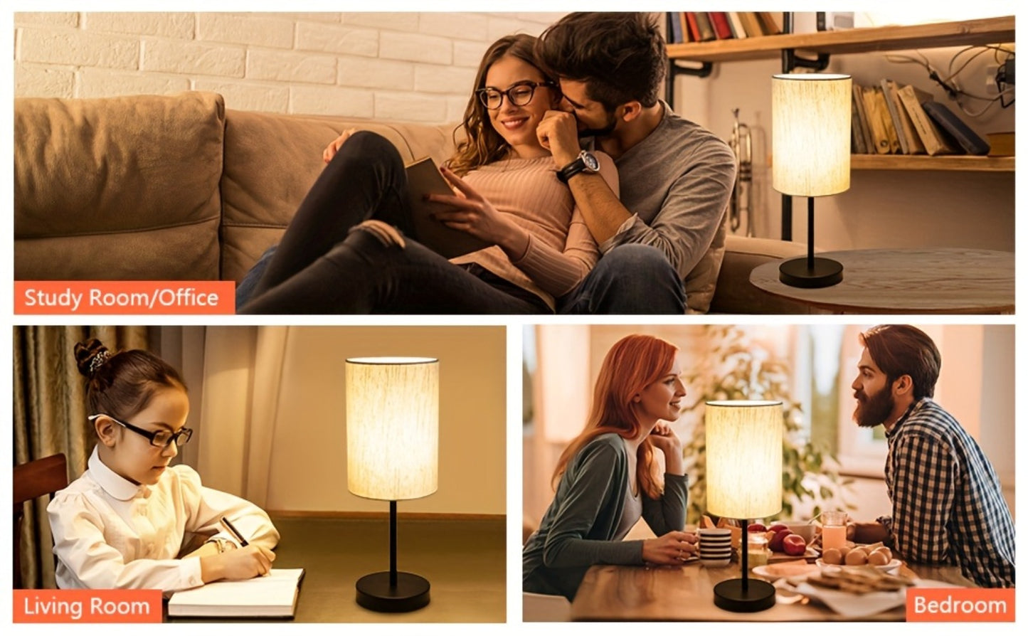 Small Bedside Table Lamp Set of 2 – Linen Shade Nightstand Lamp with Cord Switch, 5W LED Bulb Included, Compact Desk Light for Bedroom Living Room Children's Room Office Dorm (Black / Beige Black)