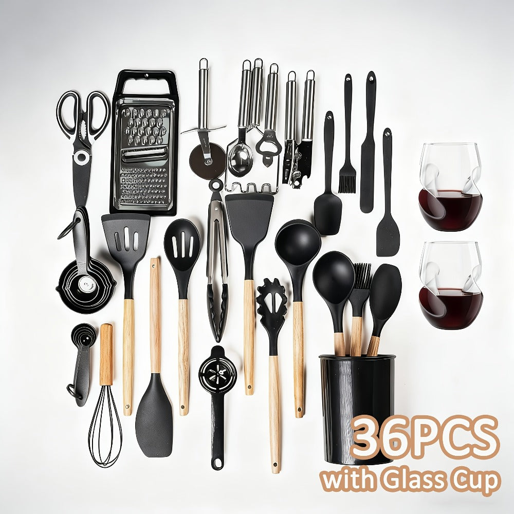 Silicone Cooking Utensils Set 35-Piece with Holder Rack Wooden Handle Heat Resistant Kitchen Tools for Non-Stick Pans – Complete Kitchen Utensil Set in Multiple Colors