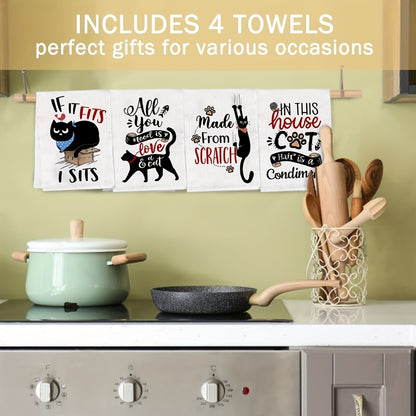 Cat Kitchen Dish Towels 4pcs – Funny Cat Tea Towels for Cat Lovers, Housewarming Gift, Cute Knit Fabric Hand Towels 16x24 Inch