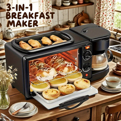 3-in-1 Breakfast Station Maker - Coffee Maker + Toaster + Frying Pan Combo, One-Touch Timing Fast Cooking, All-in-One Breakfast Machine 110V US Plug for Home Kitchen Apartment Dorm