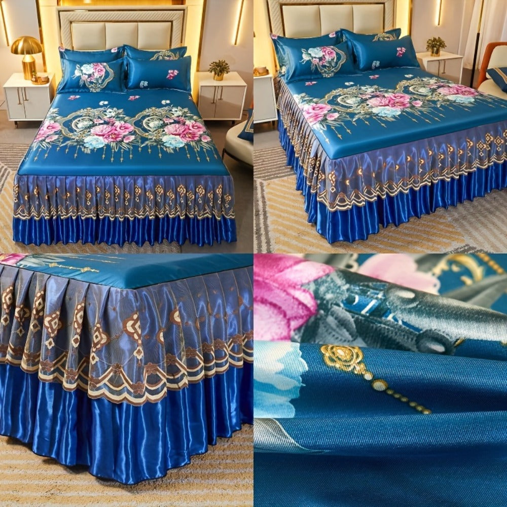 Floral Ruffle Bed Skirt Cool Mat 3 Piece Set with Pillowcase, Double Layer 360° Full Wrap Washable Cooling Mattress Cover, Breathable Summer Bedding Set for Twin Full Queen King, Parisian Romantic Floral