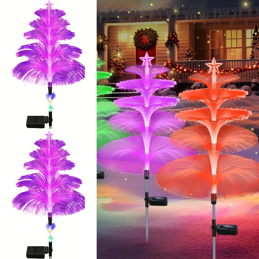 Solar Christmas Tree Lights Fiber Optic Star, 7-Color LED IP65 Waterproof Garden Stake Lights — 2 or 5 Layer Star for Lawn, Pathway, Patio & Holiday Decor | 2, 4 or 6 Pack