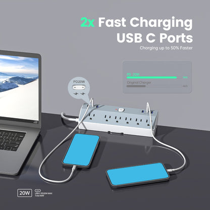 Desk Clamp Power Strip 12-in-1 Surge Protector with 6 Outlets 4 USB-A 2 USB-C PD 20W 40W Fast Charging Desktop Mount Flat Plug for Home Office Tabletop