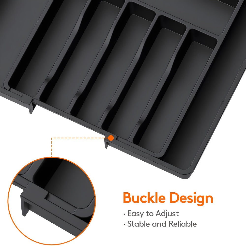 Silverware Organizer Adjustable Drawer Organizer | Utensil & Cutlery Storage Tray for Kitchen Drawer | Expandable Knife Fork Spoon Holder 22.4" x 15" x 2" | Kitchen Organization & Storage in Black Grey White