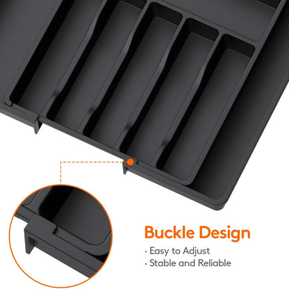 Silverware Organizer Adjustable Drawer Organizer | Utensil & Cutlery Storage Tray for Kitchen Drawer | Expandable Knife Fork Spoon Holder 22.4" x 15" x 2" | Kitchen Organization & Storage in Black Grey White