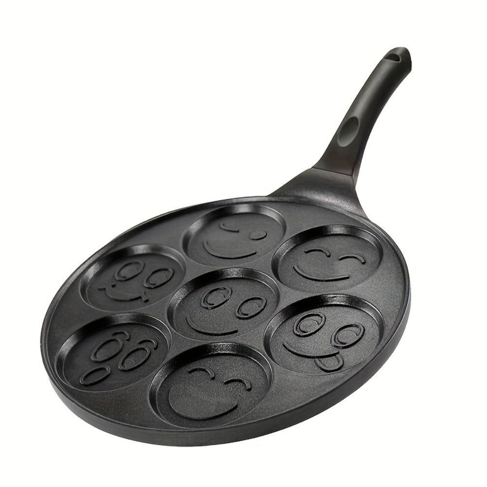Non-Stick Pancake Pan 7-Hole Smiley Face – Fun Breakfast Egg & Bacon Frying Tray for Kids & Family, Easy to Clean, Mini Pancake Maker Baking Pan Kitchen Cooking Tool