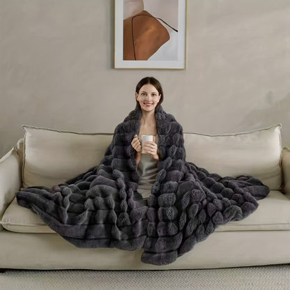 Double-Layer Faux Rabbit Fleece Blanket – 450-500gsm Thickened Soft Warm Throw for Bed, Couch & Travel, All Season, 3 Colors, 5 Sizes