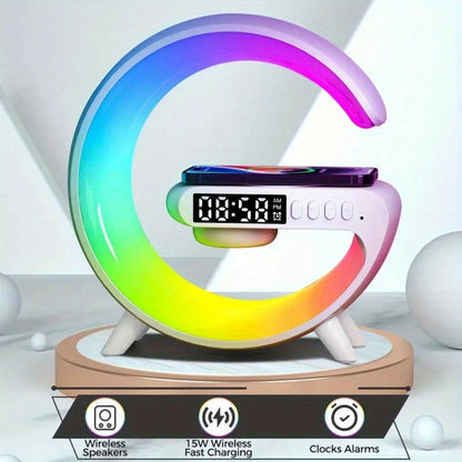 Wireless Charger with RGB Night Light – 4-in-1 Bluetooth Speaker Alarm Clock Wake Up Light, 256 RGB Colors, Qi Fast Charging for iPhone Samsung, Bedside Nightstand Lamp