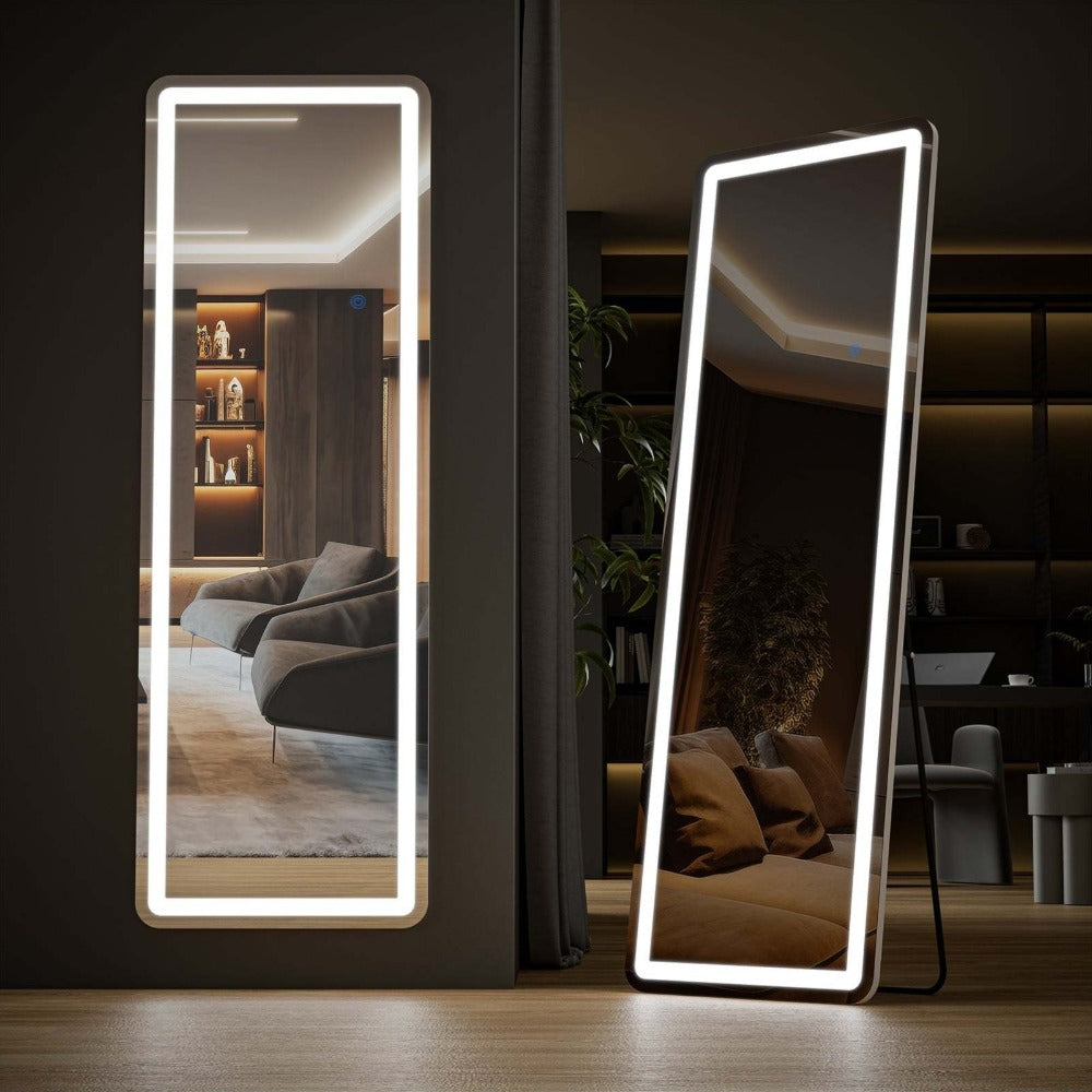 Full Length Mirror with LED Lights & Touch Sensor – 64"x21" Dimmable Smart Floor Mirror, Wall Mount or Freestanding, Slim Modern Frame for Bedroom, Vanity & Dressing Room