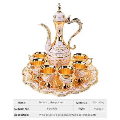Vintage Turkish Coffee Tea Set – Zinc Alloy Teapot, 6 Cups & Tray | European Style Luxury Gift Set for Tea, Coffee & Cappuccino