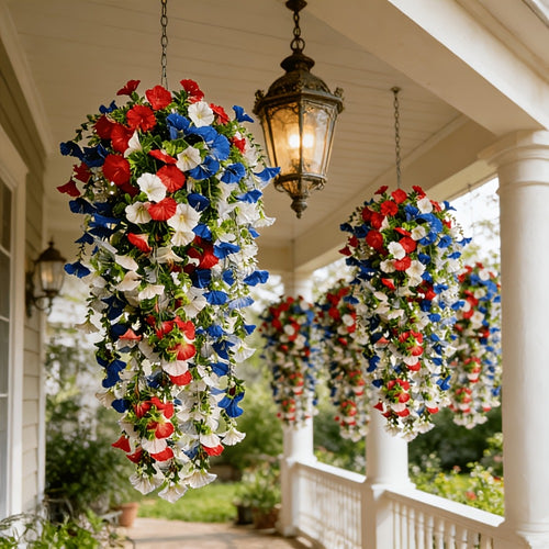Artificial Hanging Morning Glory Flowers 6pcs - Red White Blue Fake Flower Vines for Home Garden Outdoor Indoor Decor, Independence Day Memorial Day Decoration, No Maintenance Plastic Blooms
