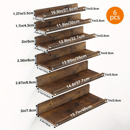 Floating Shelves 6pcs Set Wall Mounted Shelves 6 Different Sizes | Heavy Duty Shelf for Home Decor Bathroom Bedroom Living Room Space Saving Storage White Brown Black