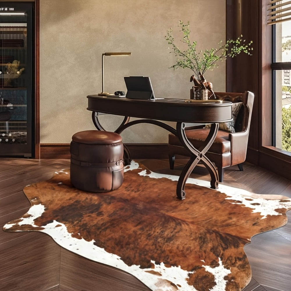 Faux Cowhide Rug Brown Western Style Area Carpet | Non-Slip Suede Backing | 5.2×4.6 & 6.2×5.2 Ft | Living Room Bedroom Office
