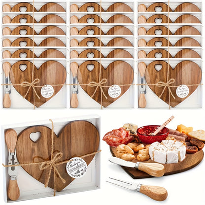 Mini Heart Charcuterie Board Set 6/12 Pack – Wood Cheese Board with Knives Bridal Shower Favor Thank You Gift Box for Wedding Birthday Valentine Christmas Party Guest Bamboo Acacia