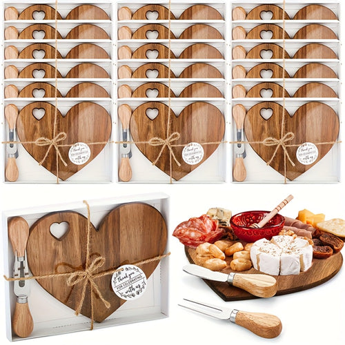 Mini Heart Charcuterie Board Set 6/12 Pack – Wood Cheese Board with Knives Bridal Shower Favor Thank You Gift Box for Wedding Birthday Valentine Christmas Party Guest Bamboo Acacia