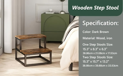 2-Step Wooden Step Stool Heavy Duty for Adults – Solid Wood Two Tier Stepping Stool, Multifunctional Bedside Step Ladder, Portable Non-Slip Foot Stool for Bathroom, Bedroom, Kitchen, Office – Easy to Carry, Durable Build