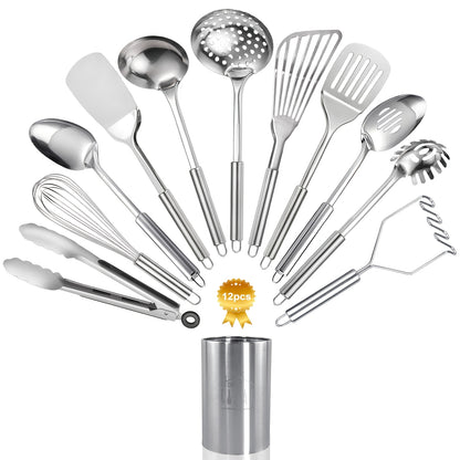 Stainless Steel Kitchen Utensils Set 12 Piece with Holder – Heat Resistant Cooking Utensils, Spatula, Ladle, Tongs, Whisk, Skimmer, Potato Masher, Slotted Spoon