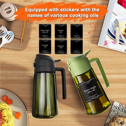 Olive Oil Dispenser Bottle 2-in-1 Glass Oil Sprayer & Dispenser 16oz Kitchen Cooking Oil Bottle with Labels for BBQ, Salad, Air Fryer & Grilling – 2 Pack