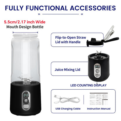 Portable Smoothie Blender USB-C Fast Charge 6-Blade Stainless Steel – Digital Timer Battery Display High-Speed Ice Crush No-Spill Lid | Protein Shake Gym Travel Blender in Black Pink White