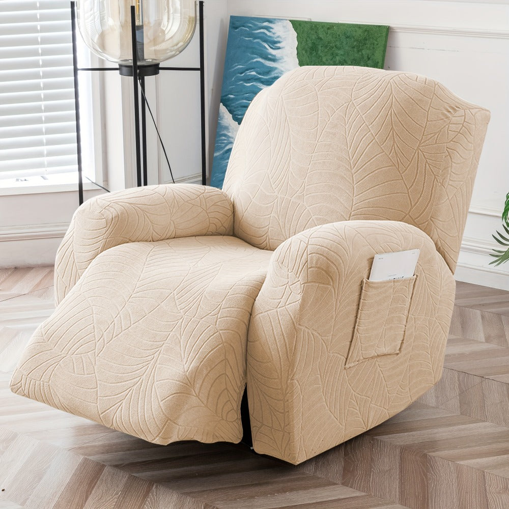 Recliner Chair Cover Slipcover 4-Piece Set – Leaf Jacquard Stretch Furniture Protector with Storage Pocket, Non-Slip Recliner Sofa Cover for Living Room, Machine Washable, 6 Colors Available