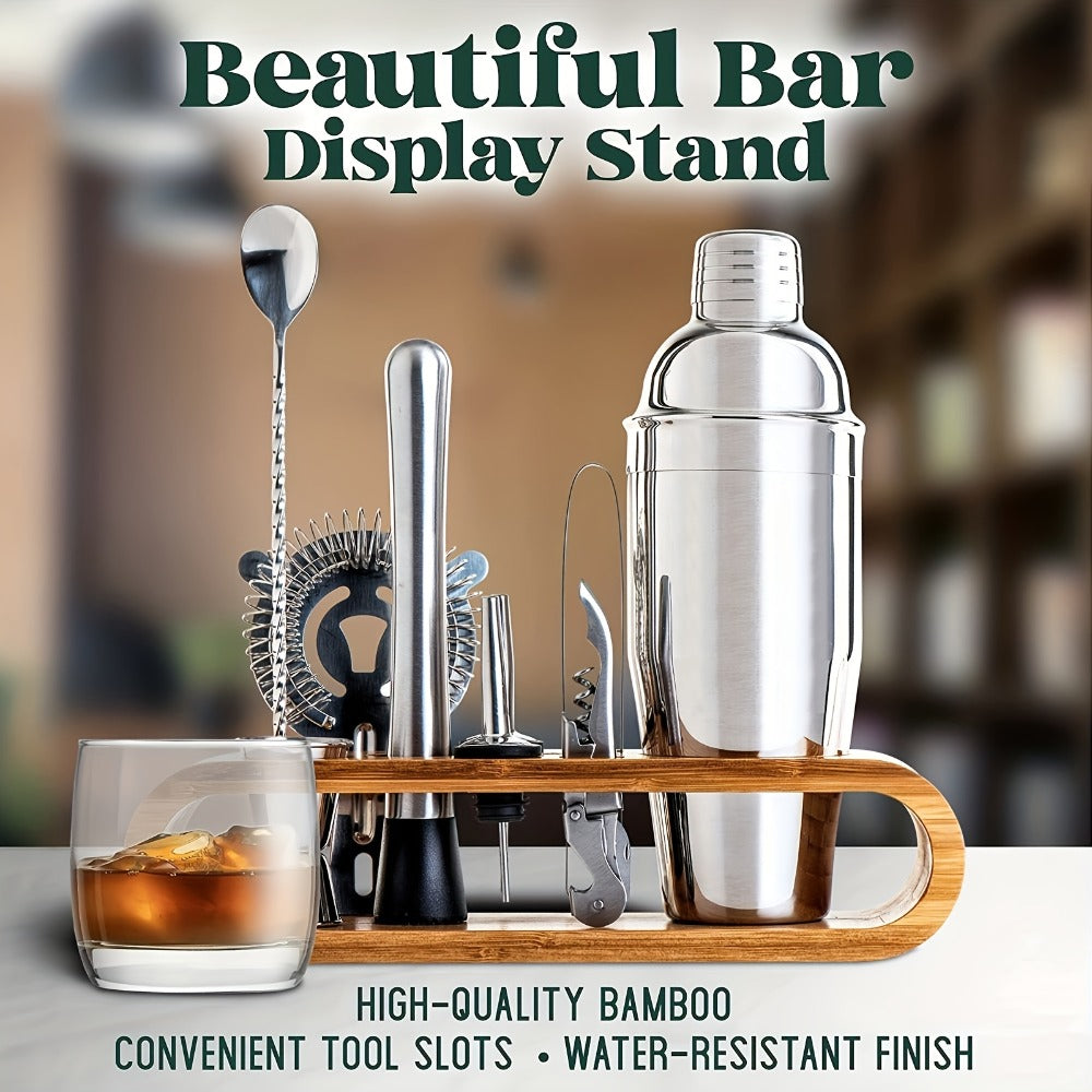 Bartender Set 10-Piece Stainless Steel Cocktail Shaker Bar Tool Kit with Bamboo Stand Home Bar Accessories Housewarming Father's Day Gift
